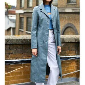 Blue/Grey Faux Leather Trench Coat